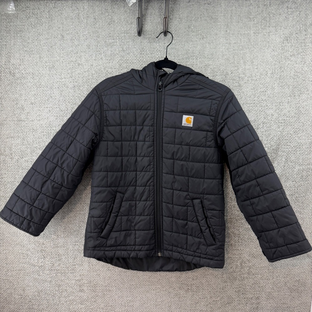 Carhartt Puffer Jacket Kids Size M 10-12 Black Hooded Quilted Coat lightweight